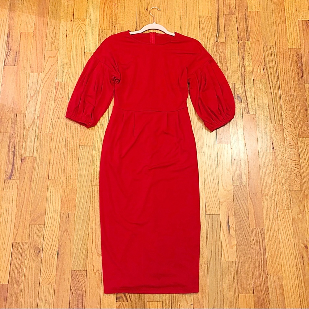 Bright Red Bubble Sleeve Midi Dress
